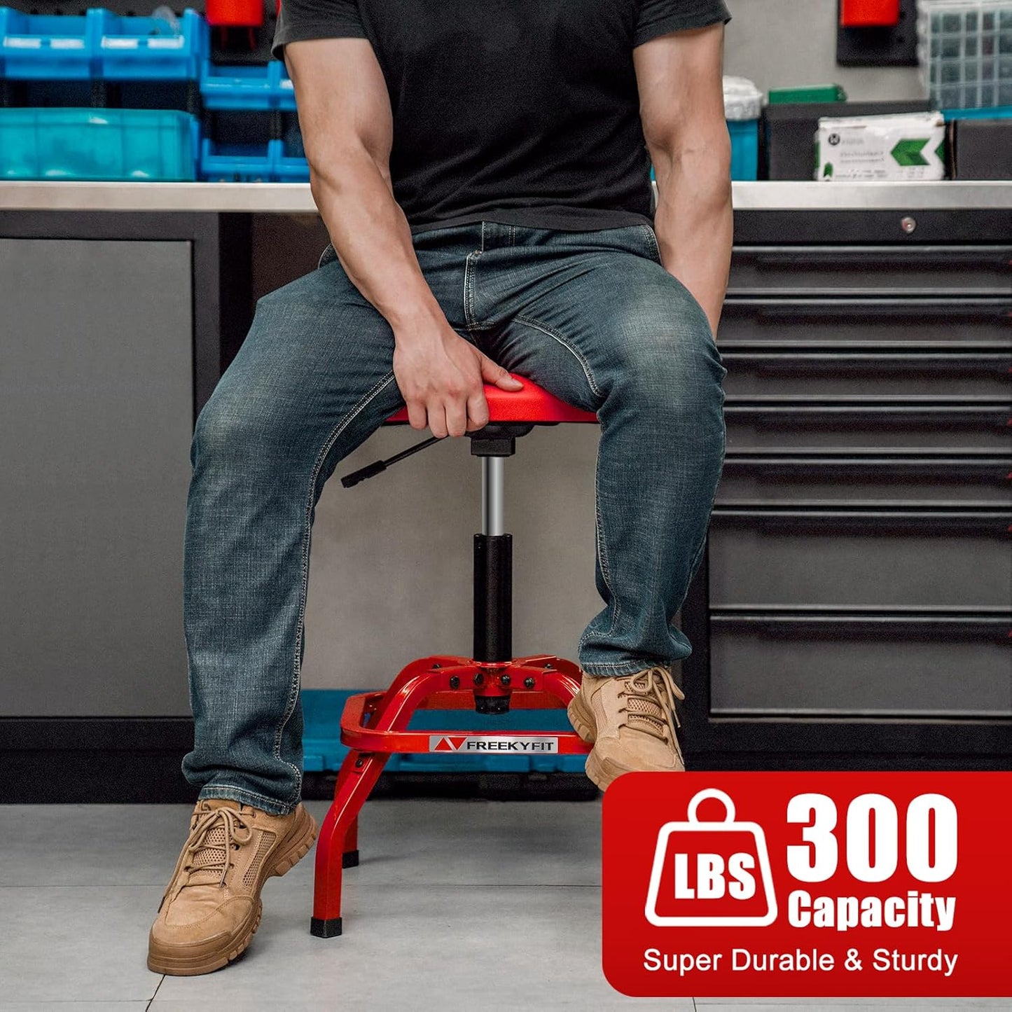 Shop Stool with Backrest, Mechanic Garage Stool for Workshop, Adjustable Shop Stools Chair, Padded Workbench Stools for Men Women, 300 LBS Capacity, 360° Swivel PVC Seat, Heavy Duty, Red