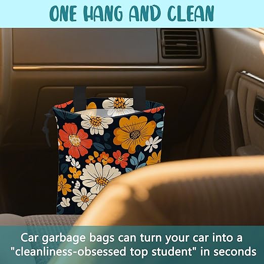 Car Garbage Bag Abstract Floral and Green Leaves Hanging Canvas Car Trash Bag Waterproof Drawstring Car Back Seat Organizer for Car Back Front Seat Console with Adjustable Buckle
