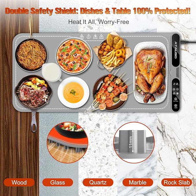 Warming Mat for Food Extra Large, Electric Warming Tray, 15"x31.5" Silicone Heating Mat with 7 Level Adjustable Temp and 8 Hours Timer, Food Warmer for Parties Buffet Home Travel, Dark Gray