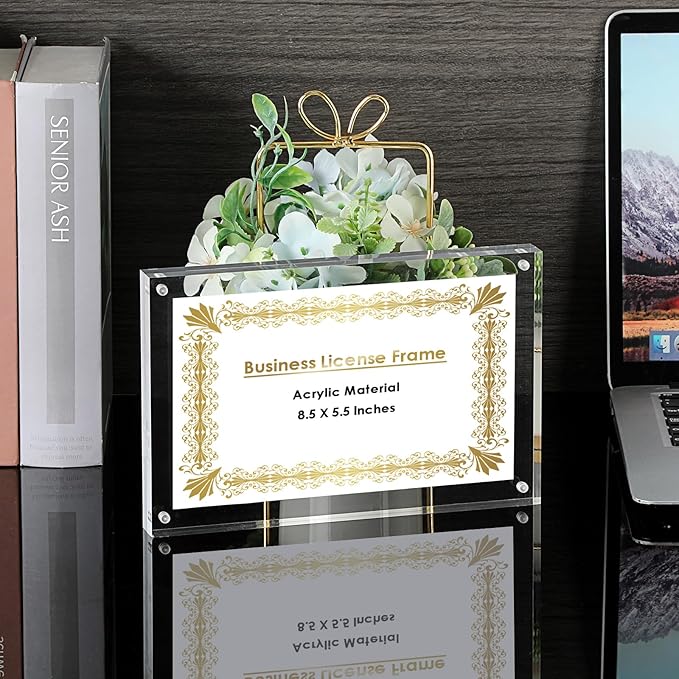 JUXYES 8.5 x 5.5 Clear Acrylic Business License Frame Magnetic Certificate Display Frame, Acrylic Sandwich Frames Frameless Picture Frame Tabletop Magnetic Frames for Business License Certificate