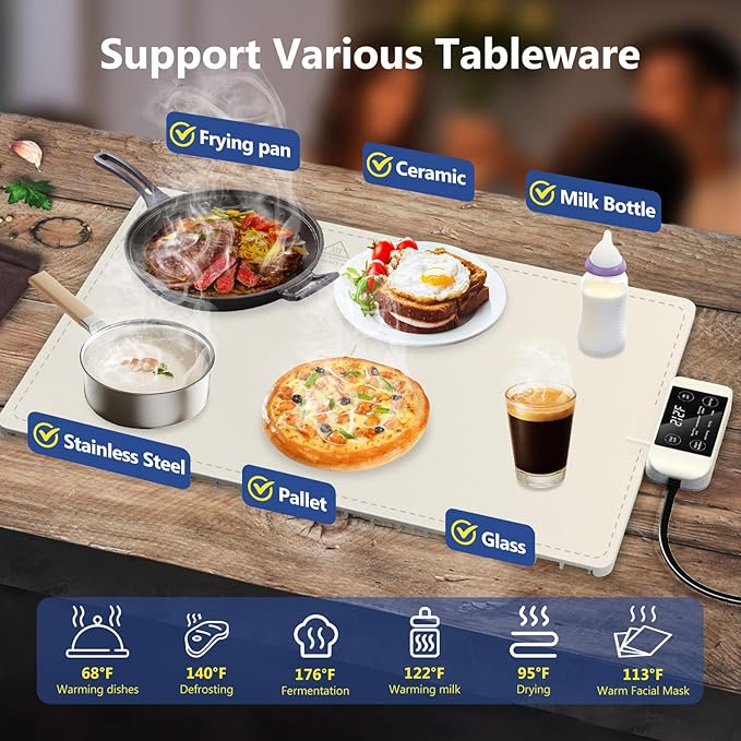 Waterproof Electric Food Warming Mat, Food Grade Silicone Warming Tray with 17 Temp Setting and 6 Hours Timer, Full Surface Heating Mat, Roll Up Food Warmers for Parties Buffet (Ivory)