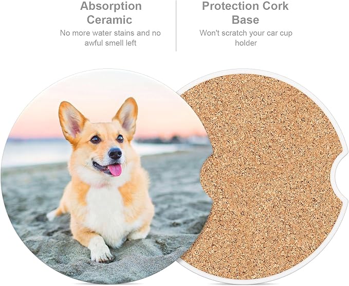 Car Cup Holder Coaster, Car Coasters for Cup Holders, 2 Pack Universal Anti Slip Insert Absorbent Ceramic Auto Interior Accessories with A Finger Notch & Cork Base, Cute Dog