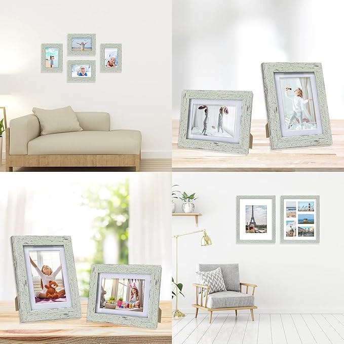 8x10 Picture Frame Set of 4, Made of Real Glass and Sage Green Wooden Frame, 8 by 10 Photo for Wall or Tabletop - Display Picture 5x7 with Mat or 8x10 Without Mat