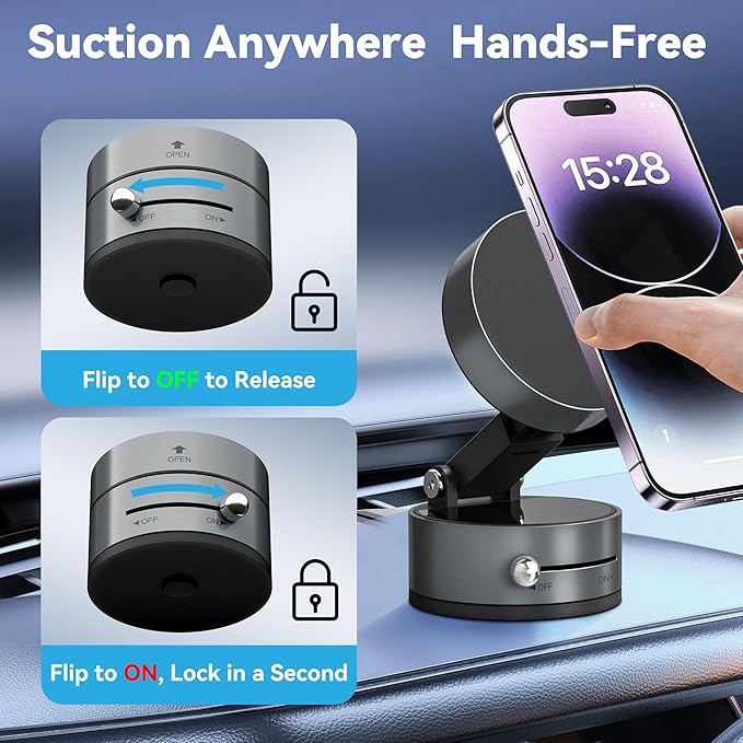 Magnetic Car Phone Mount - Ultra Strong Vacuum Suction Phone Holder for Dashboard/Windshield, Foldable 360° Adjustable Car Phone Mount Compatible with iPhone 16/15/14 & All Smartphones-817001B
