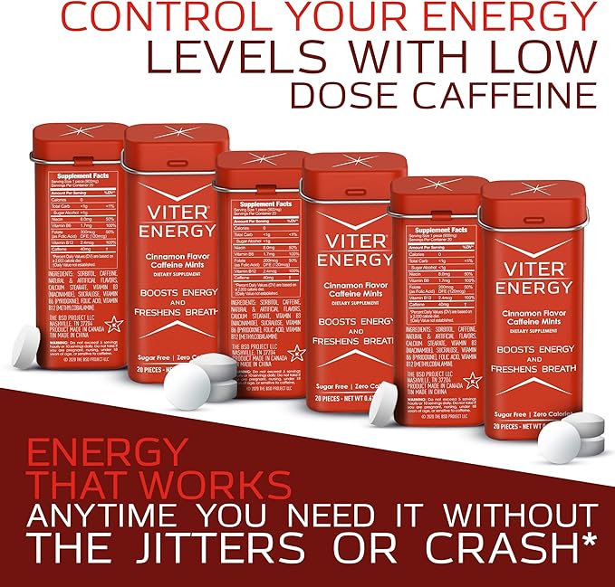 Viter Energy Caffeine Mints (120 Pieces) - 40mg Caffeine, Sugar Free, Vegan, B Vitamins Complex, Energy Supplement Caffeine Pills (Cinnamon, 6 Pack)