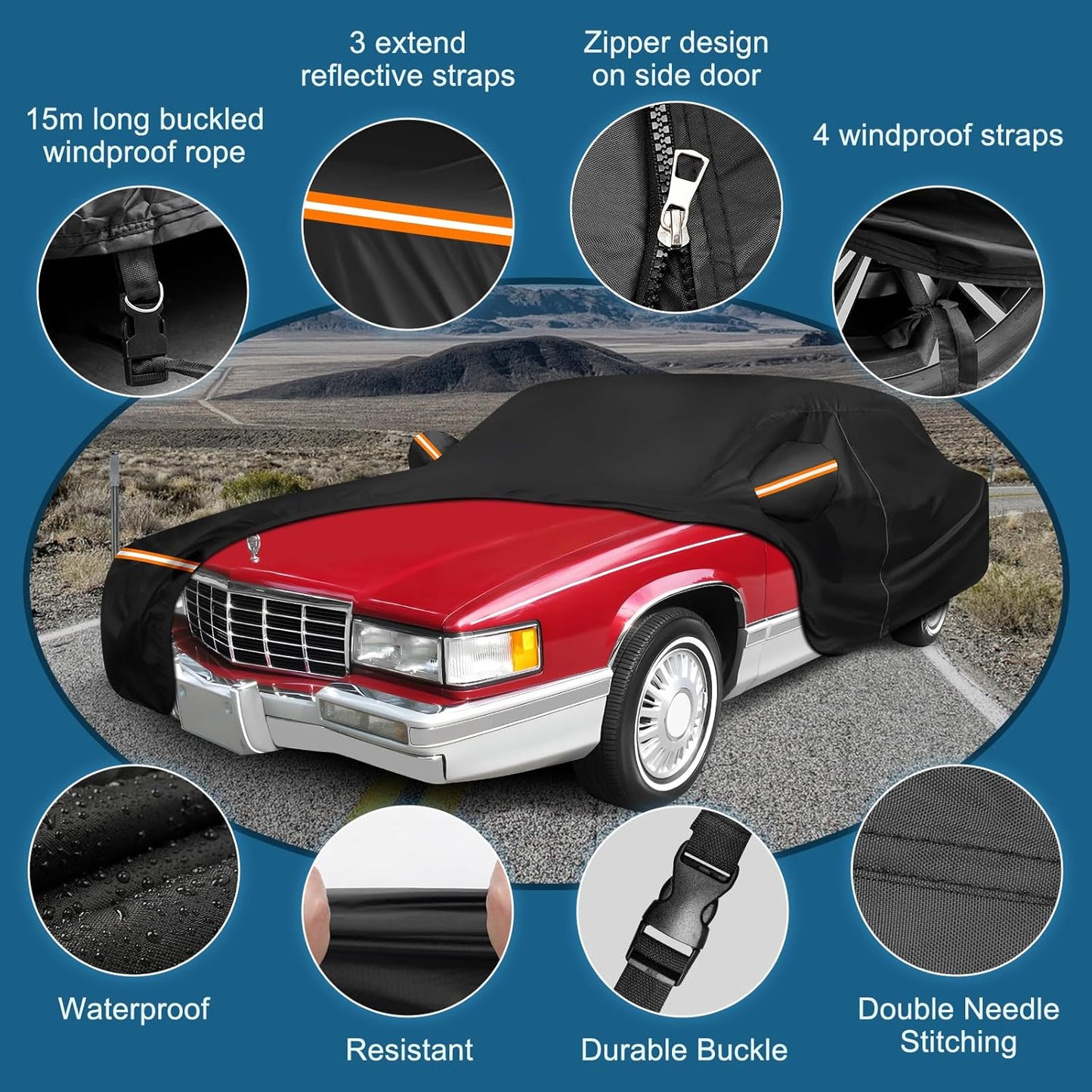 Car Cover for Cadillac Deville 1985-1993 Sedan 4 Door Waterproof All Weather Full Car Cover with Door Zipper Car Covers for Automobiles for Sun Rain Snow Protection