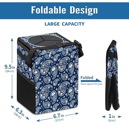 Car Trash Can Vintage Indian Paisley Navy Blue Auto Garbage Bag Car Trash Can with Lid Leak-Proof Car Storage Bag Garbage can Hanging for Headrest Collapsible and Portable with Storage Mesh Pocket