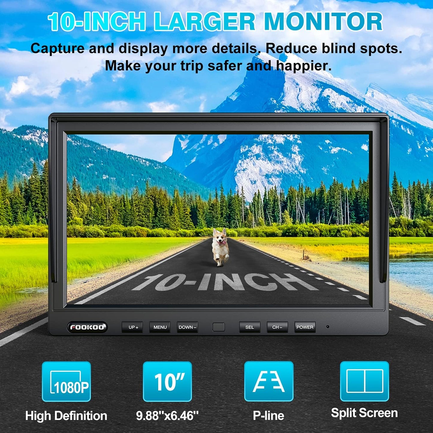 Fookoo HD 1080P 10" Wireless Backup Camera, 10-inch Dual/Quad Split Monitor, Supports 4 Cameras, IP69 Waterproof Rear View Camera Parking Lines, Recording w/ 32GB SD Card for RV/Trailer/Truck (DW101)