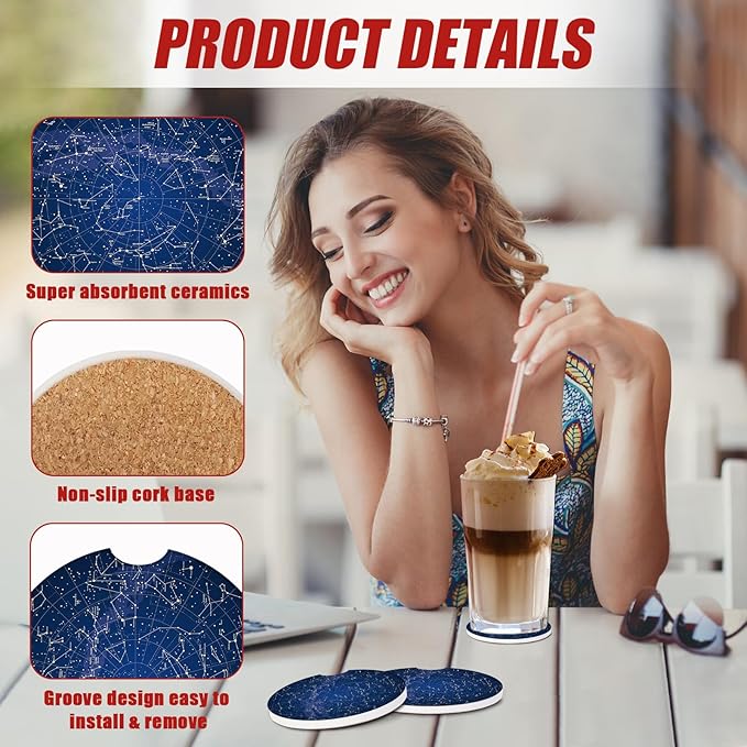 Blue Star Map Car Coasters for Cup Holders,Starry Night Sky Absorbent Ceramic Car Coaster Car Cup Holder Coaster Car Accessories for Women Men (2 Pack)