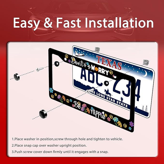 Hippie License Plate Frame Colorful Peace Flowers License Plate Frames Funny Auto Accessory Bracket Stainless Steel Personalise License Plate for Women Men 6.3x12.3 Inch
