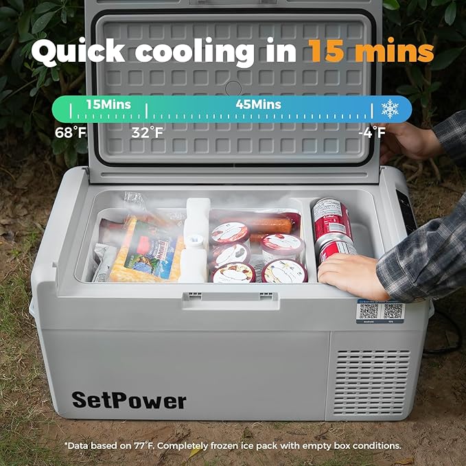 Setpower Car Refrigerator 50 Hours Backup Cooling 27 Quart 12 volt Fridge Portable Car Freezer 12V Coolers for Vehicles Electric Cooler for Car Camping Truck Van RV SUV Road Trip Travel (RF25 Grey)