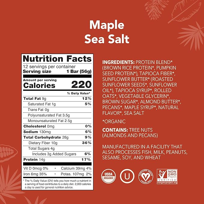 Aloha Organic Maple Sea Salt Protein Bar, 12 ct