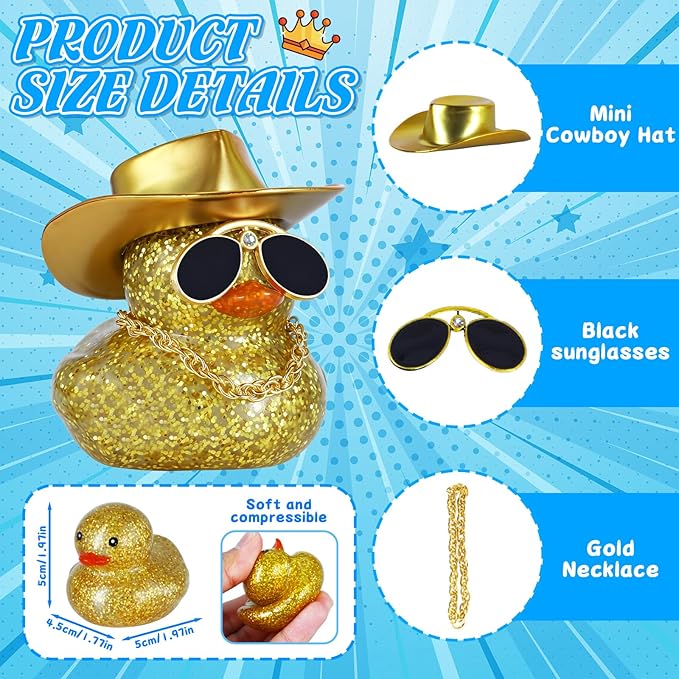 BOZILY Golden Cowboy Hat Rubber Duck with Sunglasses & Necklace - DIY Dashboard Decor, Squeaky Sound, Premium Rubber Car Accessory for Office Desk, Birthday Gift