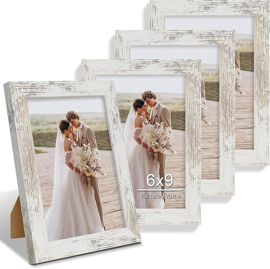 6x9 Picture Frame Set of 4, Made of Real Glass and Distressed White Wooden Frame - 6 by 9 Photo for Wall or Tabletop Display