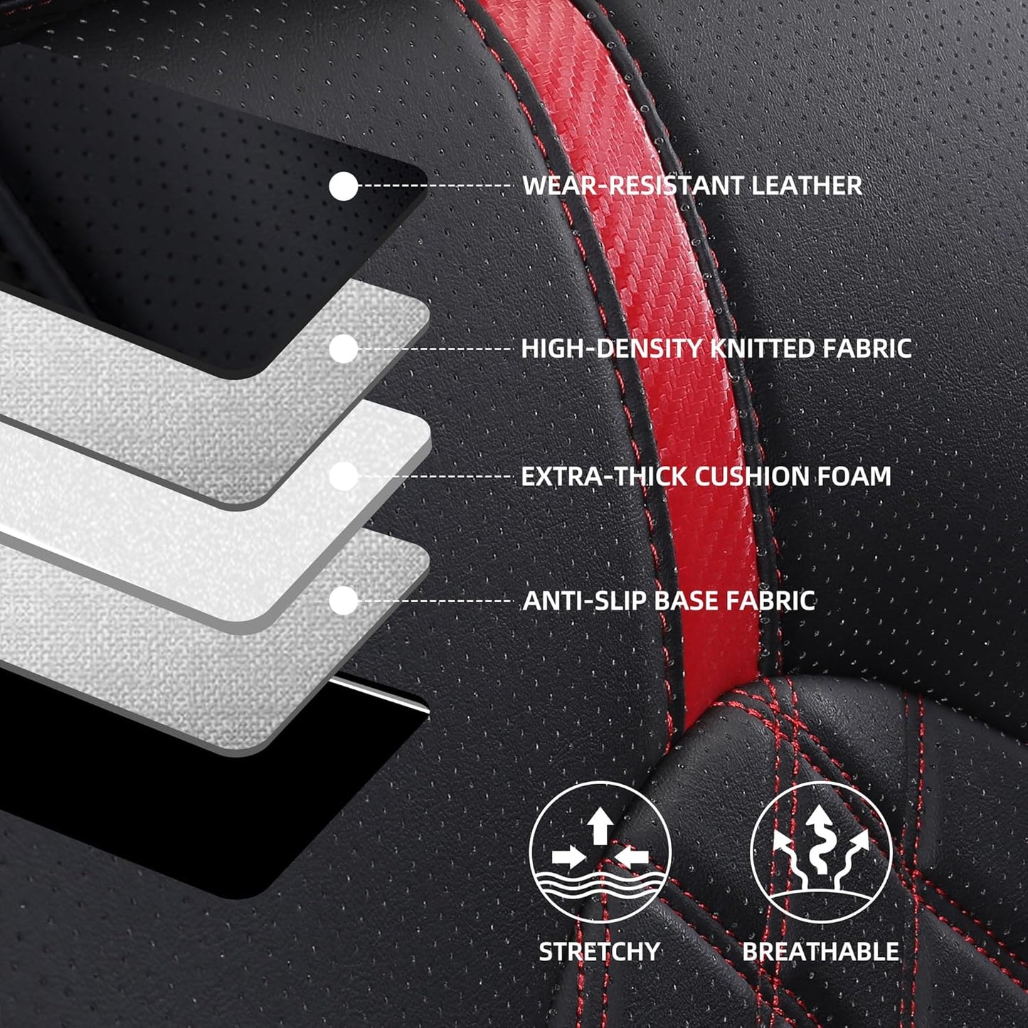 Custom Fit Camry Seat Covers for Toyota Camry Hybrid LE, Hybrid SE 2018-2024 Full Coverage Waterproof Breathable Leather Car Seat Covers Full Set (Black with Red Trim)