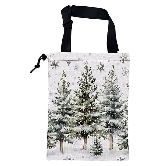 Car Garbage Bag Watercolor Snowy Green Pine Trees Hanging Canvas Car Trash Bag Waterproof Drawstring Car Back Seat Organizer for Car Back Front Seat Console with Adjustable Buckle