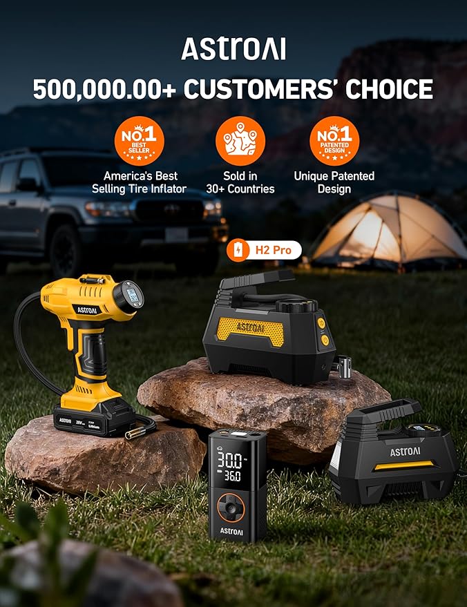 AstroAI H2 Pro Tire Inflator Portable Air Compressor Fully Upgraded Air Pump with DC 12V/Battery Dual Power Supplies Digital Pressure Gauge Fast Inflation Pump for Cars Motorcycles Bikes Gift Yellow