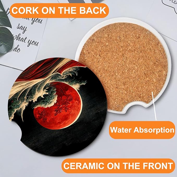Red Moon Above The Sea Car Cup Holder Coaster,Car Coasters for Cup Holder,2 Pack Chinese Style Landscape Anti-Slip Absorbent Ceramic Car Cup Coasters with Finger Notch Cork Base for Women Men 2.56"