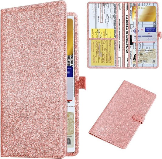 Car Registration & Insurance Card Holder Leather Auto Glove Box Organizer Document Wallet with Magnetic Shut (Glitter Rose, large)