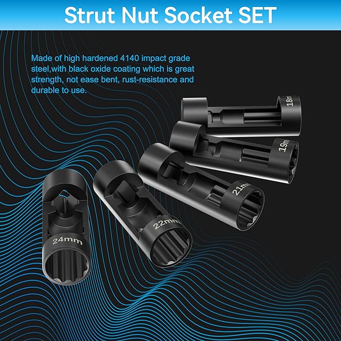 Suspension Strut Socket Tool,5PC Strut Nut Socket 18mm 19mm 21mm 22mm 24mm with 12 Point 1/2" Drive, Easy Remove Strut Nuts