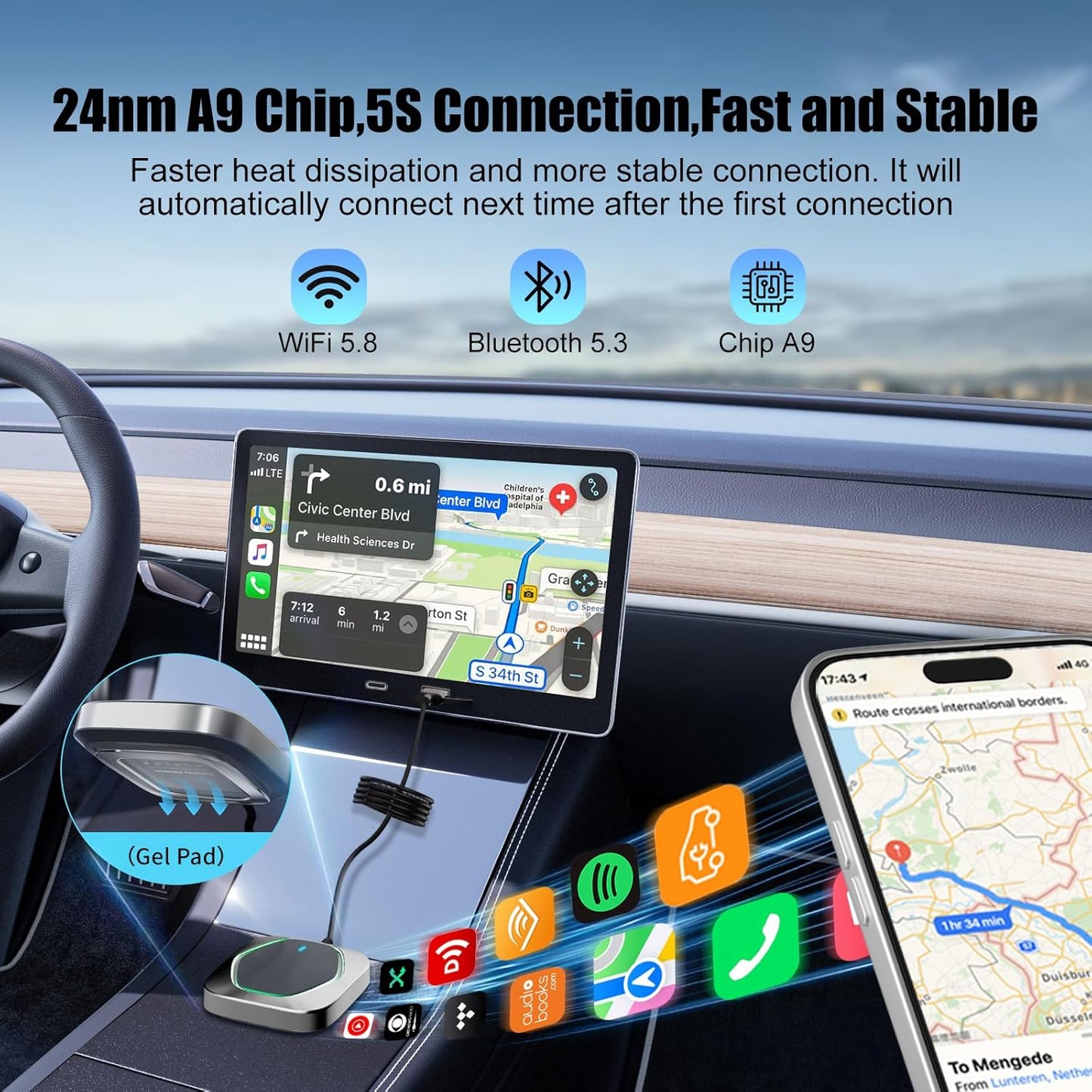Wireless CarPlay Adapter for iPhone,Convert Wired to Apple CarPlay Wireless Adapter, Plug and Play, with 60CM Extension Cable USB & Type-C, Connection Stable No Delay
