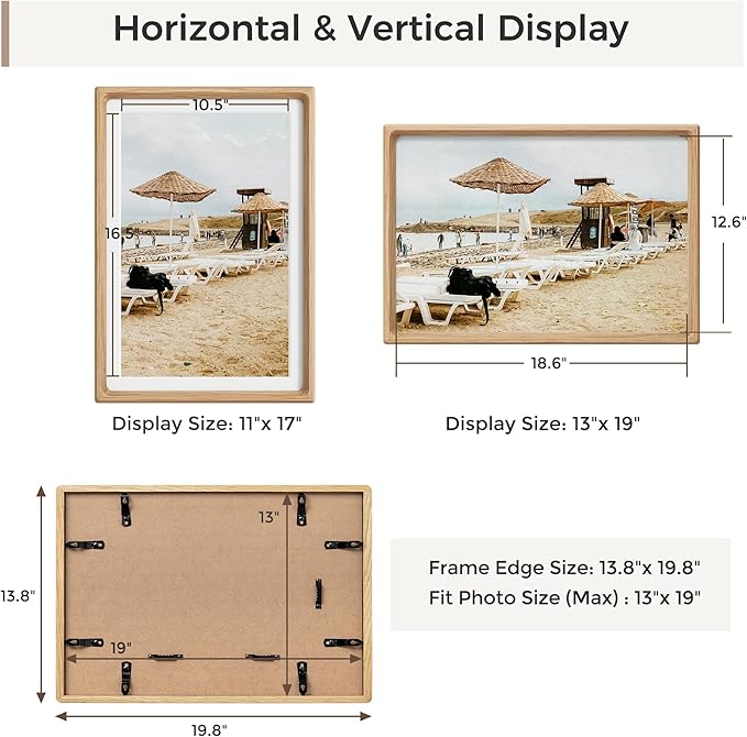 Heimlove 13x19 Picture Frames Natural Oak,Original Wood Hand Make Crafted Certificate Frame with Mat to 11x17 Graduation Picture Display,Family Picture,Wedding Picture,Diploma,Photo Wall Mounted
