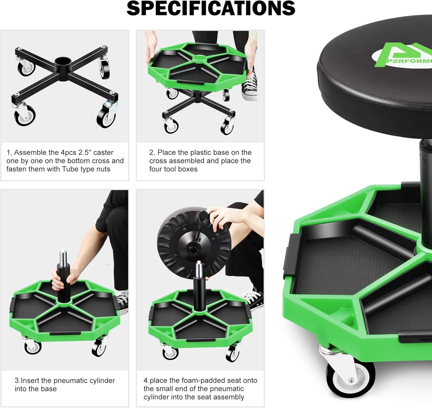 PM PERFORMOTOR Adjustable Height Pneumatic Garage Seat Rolling Mechanic Stool with Tool Tray Storage,300lbs Max Weight Capacity, Green,PM-TOL-ATS-GR