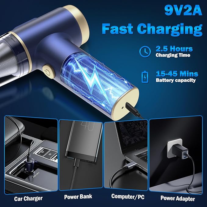 Handheld Car Vacuum Cleaner, 16000Pa Vacuum Cleaner and Air Duster, High Power Hand Held Vacuum with LED Light and Multi-Nozzles for Car,Home,Office,Pet(Blue)