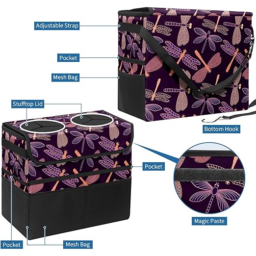 Car Trash Can Purple Dragonfly Large Storage Garbage Can with Lid Hanging for Back Seat Leakproof Automotive Vehicle Trash Bin