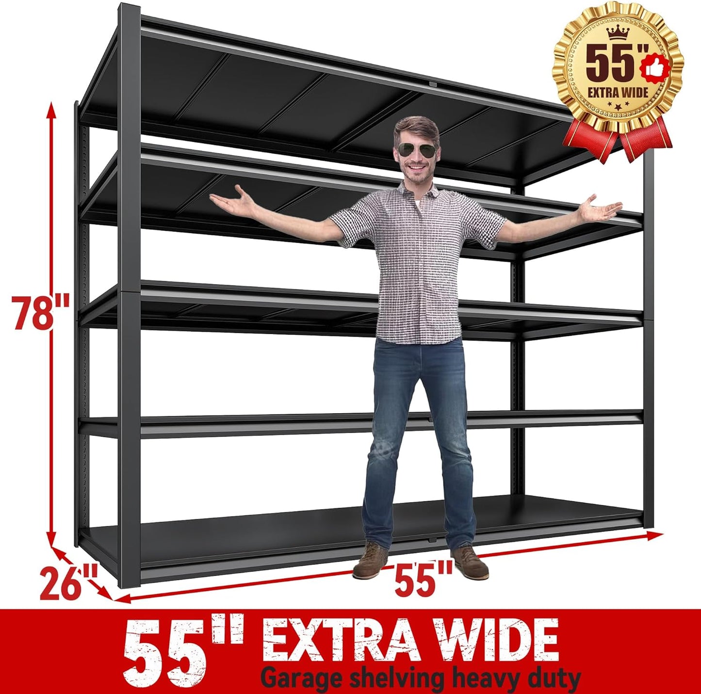 REIBII 78" H Storage Shelves, Garage Shelving Heavy Duty Load 3000LBS, Adjustable Garage Shelving, 5 Tier Metal Shelves Unit for Storage Rack, Basement, 55" W x 26" D x 78" H, Black, 4 Pack