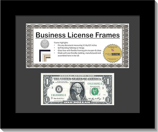 Creative Picture Frames 11Bk-B Black First Dollar Frame with Business License, 3.5X8.75 License Including Self Standing Easel and Wall Hanger