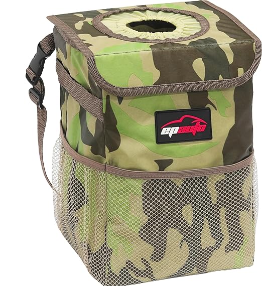 EPAuto Waterproof Car Trash Can with Lid and Storage Pockets, Camouflage Green