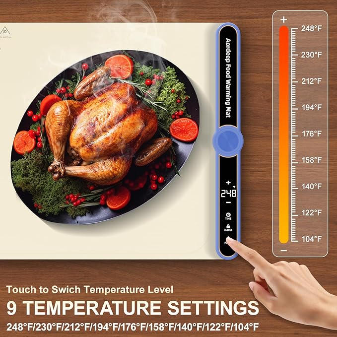 Warming Mat for Food Extra Large (XXL:40”X15”) Food Warming Mat for Countertop Parties Buffet 650W 8S Fast Even Heating 9-Level Temp Food Warmer Portable Silicone