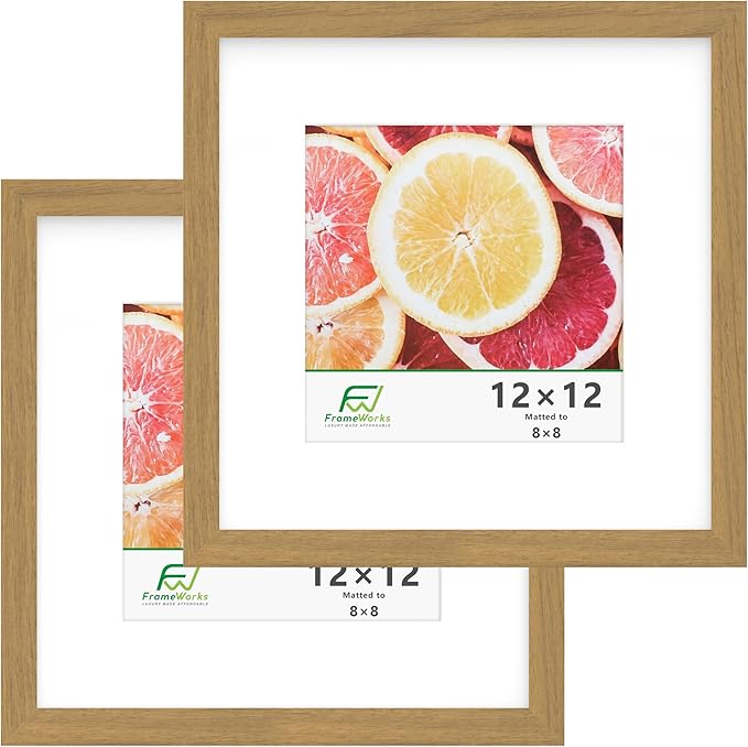 FrameWorks 2-Pack, 12x12 Matted to 8x8 Picture Frame, Golden Oak – Classic Wooden Photo Frame with Tempered Glass, Modern Matte Finish for Prints, Posters, Certificates & Wall Decor – Gallery-Ready