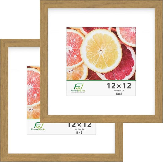 FrameWorks 2-Pack, 12x12 Matted to 8x8 Picture Frame, Golden Oak – Classic Wooden Photo Frame with Tempered Glass, Modern Matte Finish for Prints, Posters, Certificates & Wall Decor – Gallery-Ready