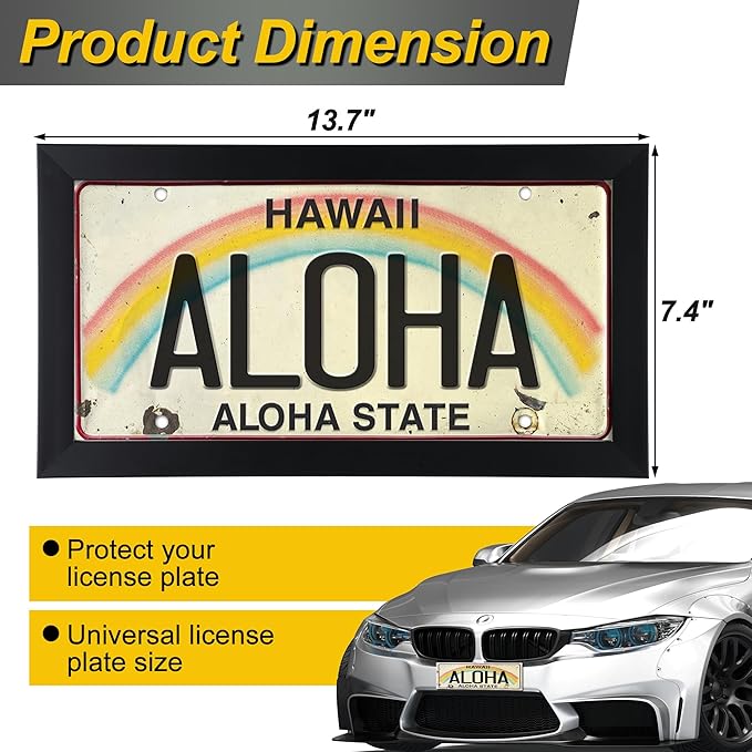 Feekoon 2 Pack License Plate Wall Frame, 13.7" x 7.4" Modern Black Display License Plate Cover with 98% UV Protection Acrylic Imitation Wood Polystyrene License Frame Display Vehicle Tag with Hanger