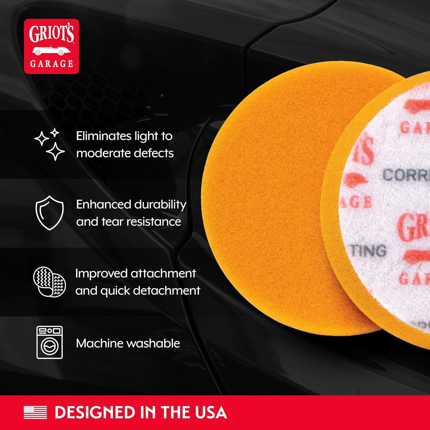 Griot's Garage Orange Foam Correcting Pads for Car Polishing and Detailing, Removes Light to Moderate Paint Defects, Durable, Machine-Washable, 11241, 3", Set of 3