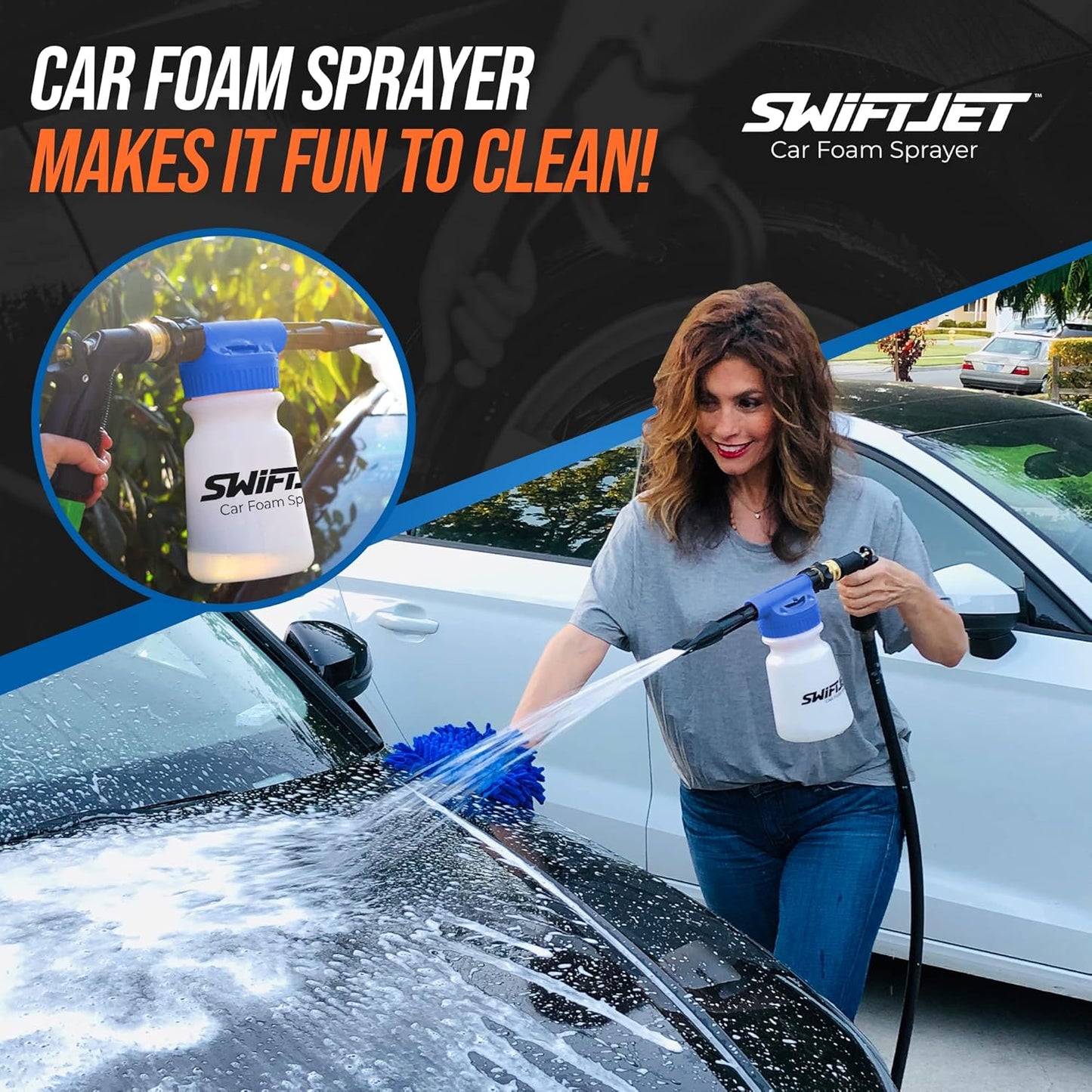 SwiftJet Car Wash Foam Gun + Microfiber Wash Mitt - Car Foam Sprayer - Car Wash Kit - Foam Cannon Garden Hose Sprayer - Car Accessories for Men - Snow Foam Blaster (Blue Foam Gun with Mitt)
