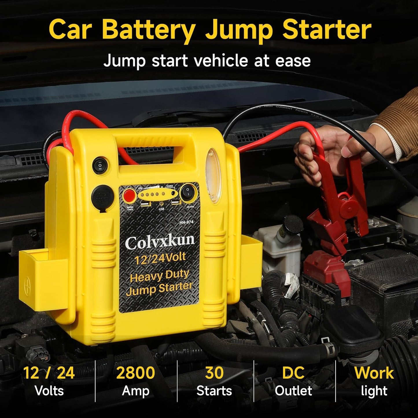 12V/24V Jump Starter,2800/1400 Peak Amp,Battery Jump Starter for Truck Car Tractor Excavator,Pure Copper Jumper Cables,Jump Box Includes Dual USB and DC Ports Power,LED Work Light