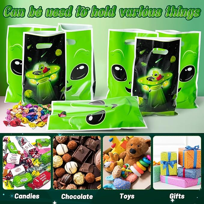 Alien Party Favor Bags - 50Pcs Fun Alien Party Gift Bags, Green Alien Goody Candy Treat Bags, Space Theme Party Decorations Plastic Birthday Snack Bag for Kids Birthday Alien Themed Party