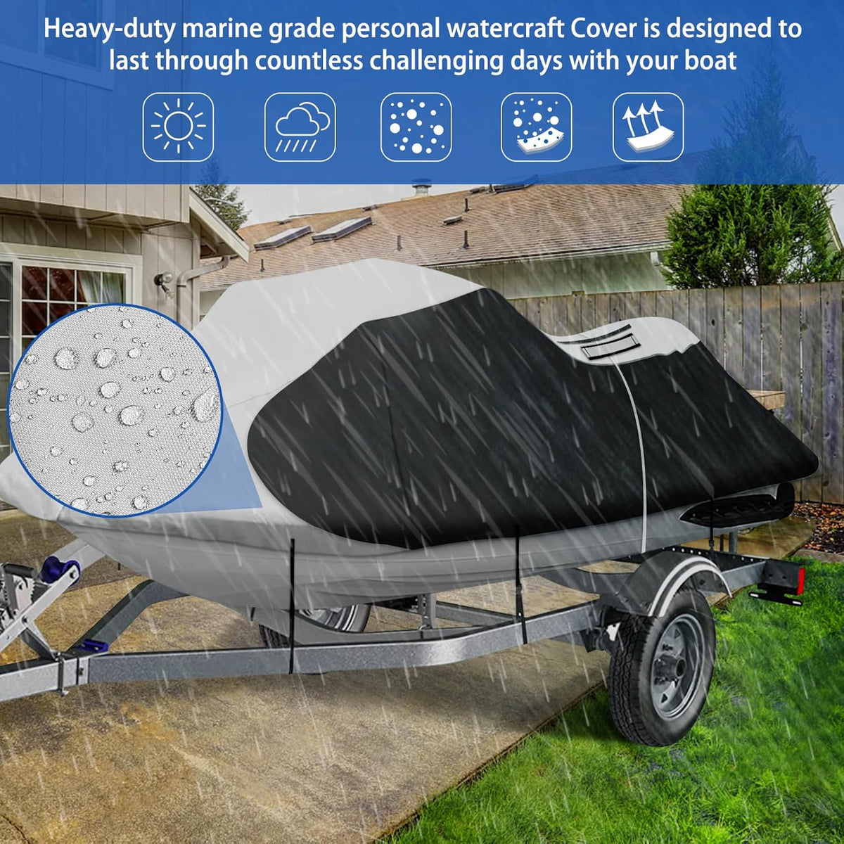 iCOVER Jet Ski Cover- Water Proof Heavy Duty Trailerable Personal Watercraft Covers for Seadoo Kawasaki Yamaha Wave Runner, Fits PWC Models Up to 145in Long