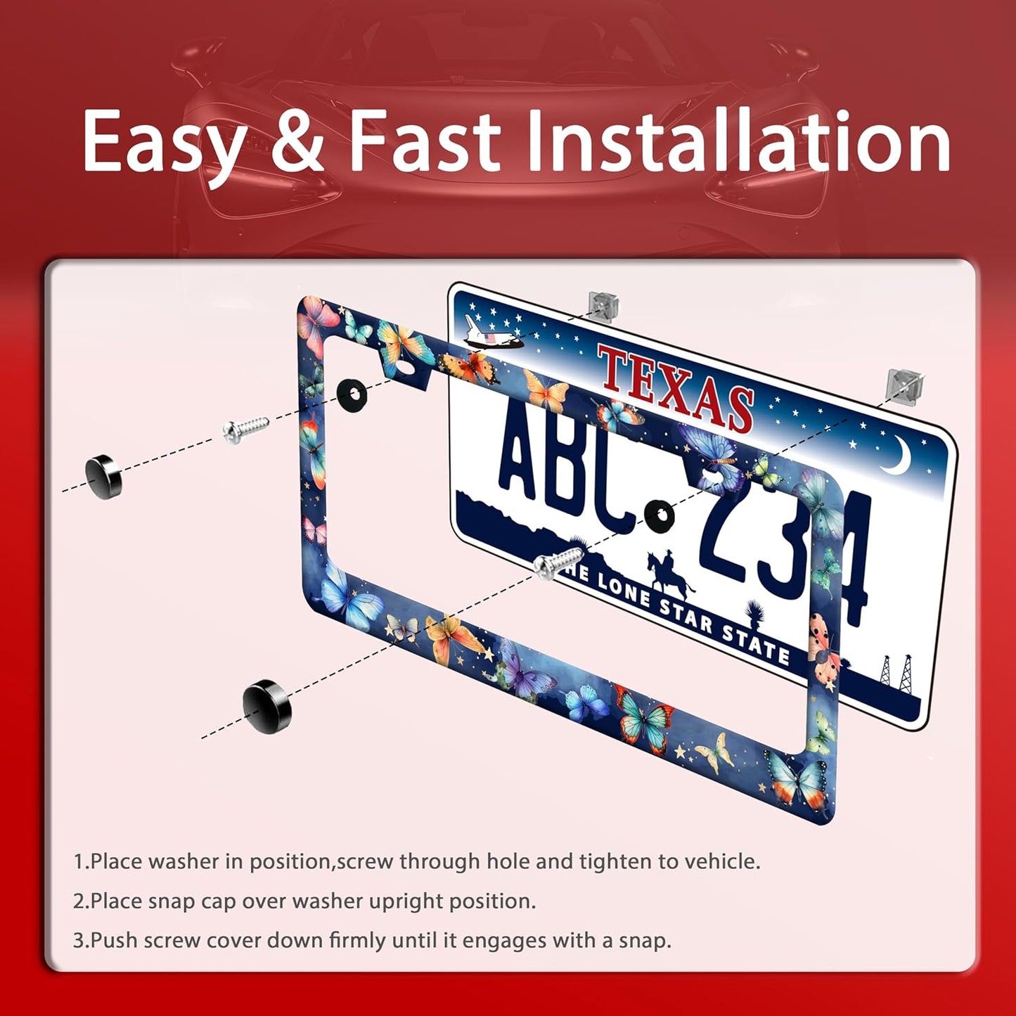 Colorful Butterfly License Plate Frame Fantasy Butterflies License Plate Frames Funny Stainless Steel Accessories Cars Decor with 2 Holes and Screws Fits Standard Us Ca Vehicles Holder 12.2 X 6 Inch