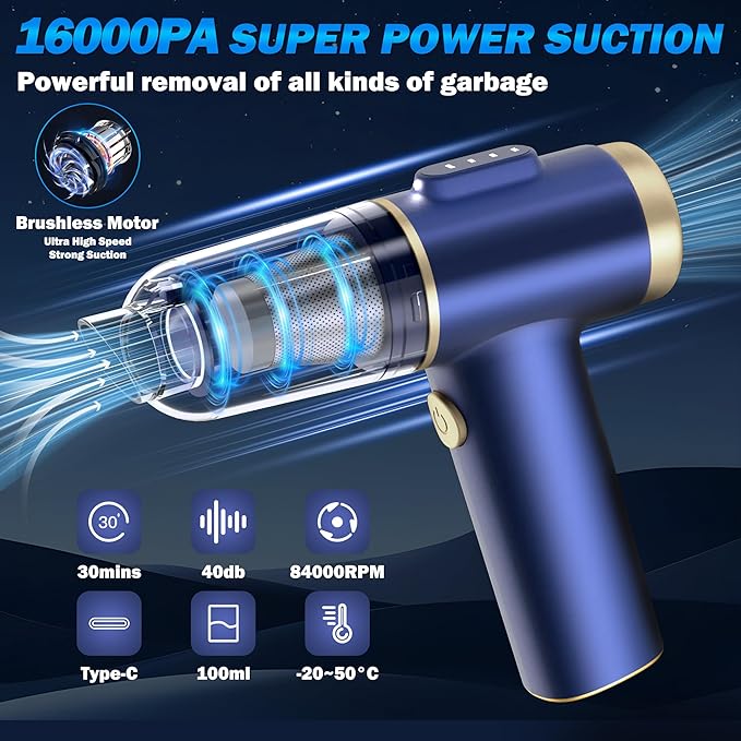 Handheld Car Vacuum Cleaner, 16000Pa Vacuum Cleaner and Air Duster, High Power Hand Held Vacuum with LED Light and Multi-Nozzles for Car,Home,Office,Pet(Blue)