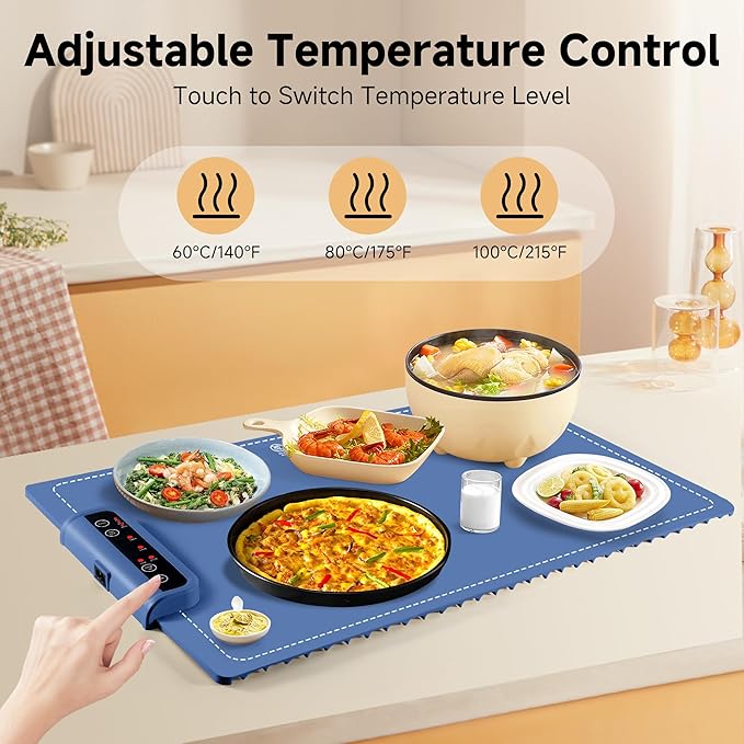 Food Warming Mat- Foldable Warming Mat for Food with Adjustable Temperature Control Time Moders Locking Function Electric Warming Tray for Parties,Home,Travel,Buffet Blue