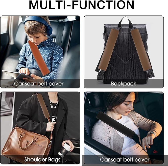 Car Seat Belt Covers for Adults Soft Leather Seatbelt Shoulder Pad Neck Cushion Protector Comfortable Driving Car Accessories Truck SUV Airplane Backpack (SC01Coffee-12.4in-1Pack)
