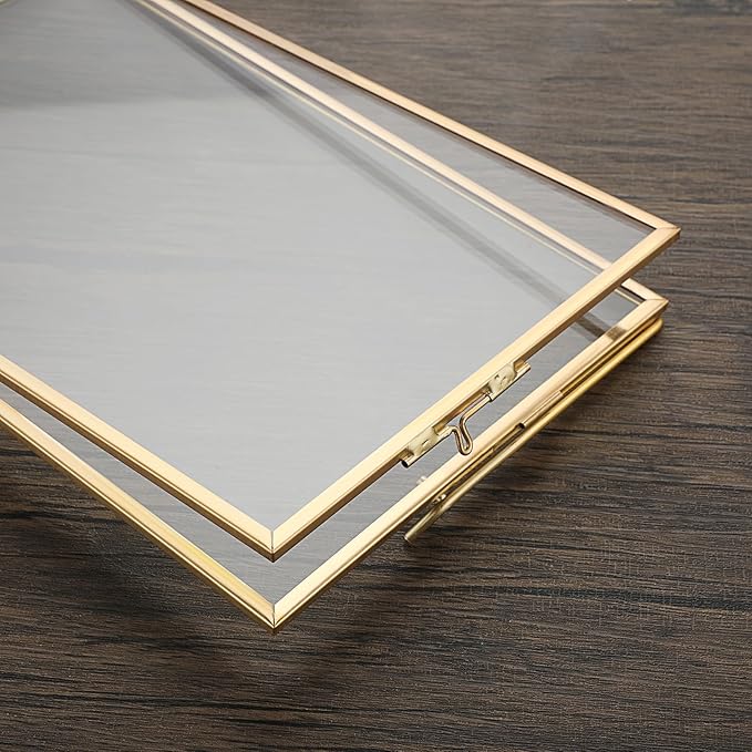 JUXYES 2 Pack Tabletop Business License Frame Brass License Certificate Display Frame, Double Glass Floating Diploma Frames, Desktop Golden Graduation Frames for 5.5x8.5 Certificate Business Licenses