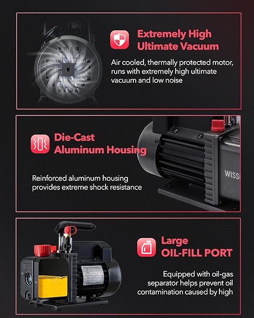 4.5cfm AC Vacuum Pump 4 Way Gauge Set, 110V 1/3 hp HVAC Air Vacuum Pump Manifold Gauge Kit with 4 Hoses Adapters Accessories Carry Bag for R410a R134a R22 Refrigeration Recharging