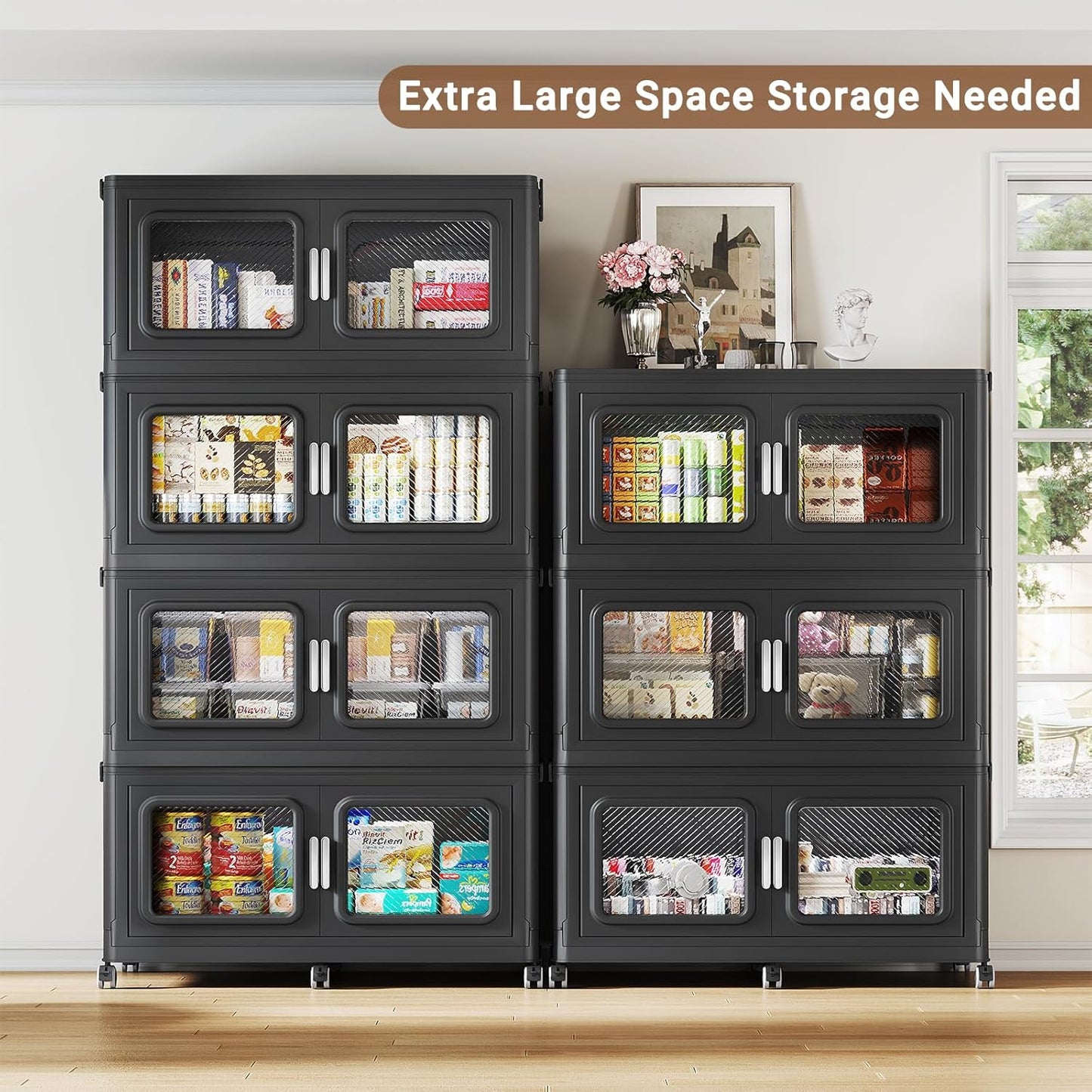 1200 Qt Stackable Storage Bin with Lid, 300Gal Extra Large Collapsible Storage Boxes, Folding Plastic Drawer, Heavy-Duty Store Cabinet, Closet Organizer for Home Kitchen, 4 Pack Black