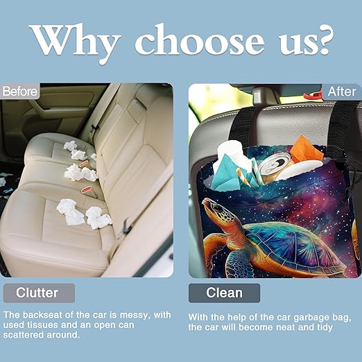 Sea Turtle Swimming in Galaxy Car Trash Bag,Hanging Drawstring Car Garbage Bag,Canvas Car Back Seat Organizer with Adjustable Buckle for Men and Women