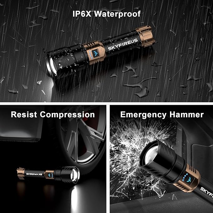 SKYFIRE Rechargeable Flashlight High Lumens,10000mAh Super Bright Flashlight,Zoomable,Four Modes,Waterproof LED Flash Light for Camping Essentials,Outdoor and Home Emergencies